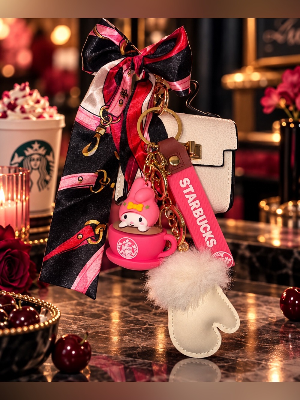 Cherry Noir Kawaii Coffee Bundle | Mini Bag, Fashion Scarf, Plush Mitten Charm